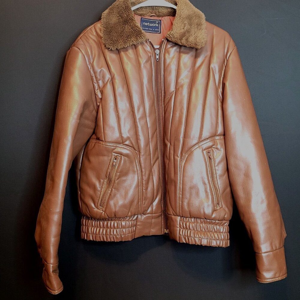 Vintage Pleather Bomber Jacket Faux Fur Collar PVC Outer Nylon Lining Brown Med